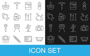 Karpuz, fotoğraf makinesi, meyveli viski, buzlu bardak su, balık, piknik sepeti ve ızgara şiş kebap ikonu. Vektör