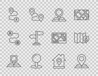 Çizgiyi konum işaretleyici, pimi, güzergahı, trafik işaretini, konum evini ve simgeyi içeren katlanmış haritayla ayarla. Vektör