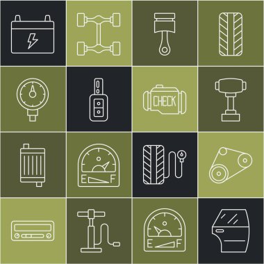 Hat kapısı, zaman ayarlı kemer kiti, vites kolu, motor pistonu, uzaktan kumandalı anahtar, lastik basıncı göstergesi, batarya ve motor simgesini kontrol et. Vektör