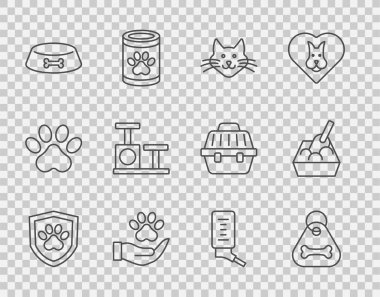 Hayvan sağlığı sigortası, kemikli köpek tasması, Kedi, Eller hayvan ayak izi kedi ya da köpek için evcil hayvan yemek kasesi, tırmalama oyuncağı, küçük evcil hayvanlar ve çöp tepsisi ikonu. Vektör