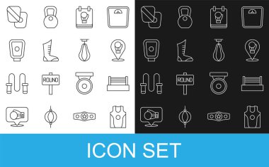 Boks forması, tişört, yüzük, eldiven, spor boks ayakkabısı, antrenman patileri ve kum torbası ikonu. Vektör