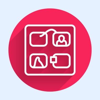 Uzun gölgeli beyaz çizgi Storyboard film video şablonu film oluşturma ikonu izole. Kırmızı daire düğmesi. Vektör.