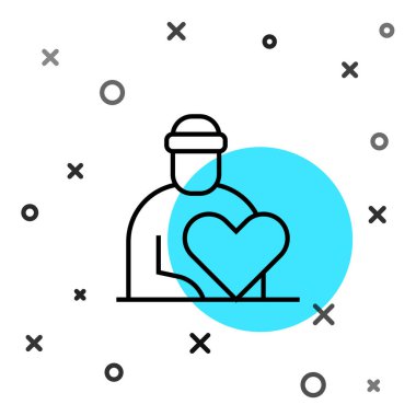 Siyah çizgi gönüllü simgesi beyaz arkaplanda izole edildi. Bakım, sevgi ve iyi kalpli toplum yoksul, evsiz ve yaşlıları destekliyor. Rastgele dinamik şekiller. Vektör