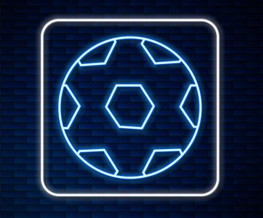 Parlayan neon hattı futbol topu ikonu tuğla duvar arkasında izole edildi. Spor malzemeleri. Vektör