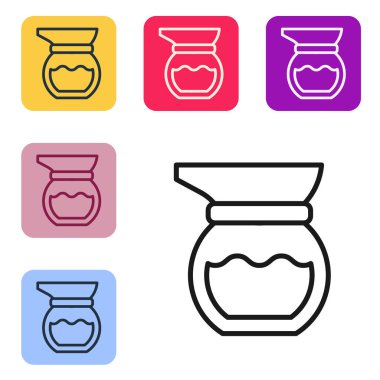 Siyah çizgi Çaydanlık simgesi beyaz arkaplanda izole edildi. Renkli kare düğmelerle simgeleri ayarla. Vektör