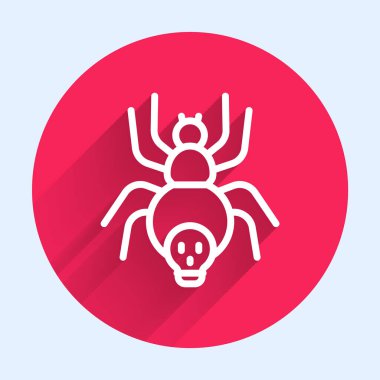 Beyaz çizgi zehirli örümcek ikonu uzun gölge arkaplanı ile izole edilmiş. Mutlu Cadılar Bayramı Partisi. Kırmızı daire düğmesi. Vektör