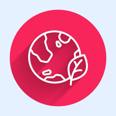 Beyaz çizgi Dünya küresi ve yaprak ikonu uzun gölge arkaplan izole. Dünya ya da Dünya işareti. Geometrik şekiller. Çevresel konsept. Kırmızı daire düğmesi. Vektör