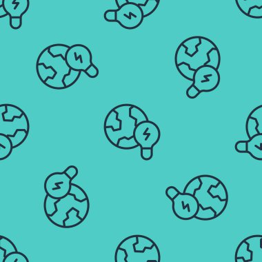 Ampul simgesine sahip siyah çizgi Küresel Enerji Gücü Gezegeni yeşil arka planda izole edilmiş pürüzsüz desen. Ekoloji konsepti ve çevre. Vektör