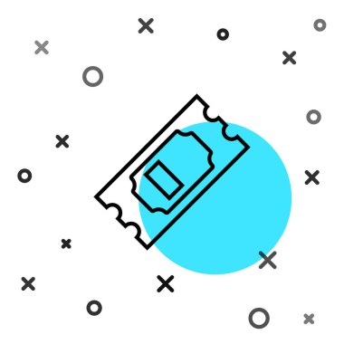 Siyah çizgi sinema bileti simgesi beyaz arkaplanda izole edildi. Rastgele dinamik şekiller. Vektör