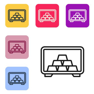 Beyaz arkaplanda izole edilmiş altın külçeli siyah hat kasası. Bankada değerli metaller var. Metalik hazine. Güvenilir veri koruması. Renkli kare düğmelerle simgeleri ayarla. Vektör