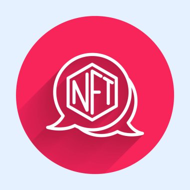 Beyaz çizgi NFT Dijital Şifreleme Sanatı simgesi uzun gölge arkaplanı ile izole edildi. Para iadesi olmayan jeton. Kırmızı daire düğmesi. Vektör