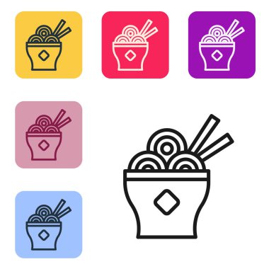 Beyaz arka planda siyah çizgi halinde Asya erişteleri ve yemek çubukları ikonu. Sokak yemeği. Kore, Japon, Çin yemekleri. Renkli kare düğmelerle simgeleri ayarla. Vektör