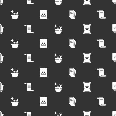 Üç tarot kartı, Eskiler 'in sihirli kitabı cadı kazanı ve kusursuz desenli. Vektör