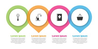 Spatula, çeşme suyu, yemek kitabı ve meyve sıkacağı. Ticari bilgi şablonu. Vektör