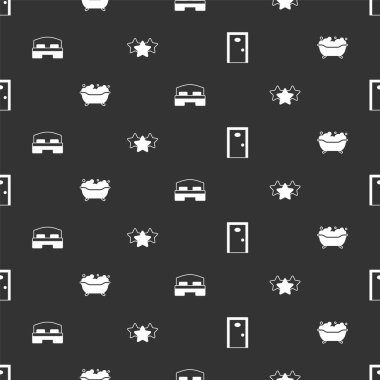 Otel kapısını, banyo küvetini, oda yatağını ve yıldızları kusursuz dizilime göre ayarla. Vektör