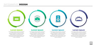 Konser bileti, King Crown, Stereo hoparlörü ve muşta ayarla. Ticari bilgi şablonu. Vektör