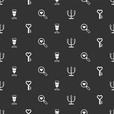 Candlestick 'i ayarla, anahtar kalp şeklinde, bir kadeh şampanya ve kusursuz bir şekilde aşkı ara. Vektör