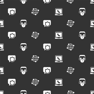 Telefon desteğini 24 saat olarak ayarla, kulaklıklar ve soru, konuşma balonu sohbeti ve küresel teknoloji kusursuz desen. Vektör