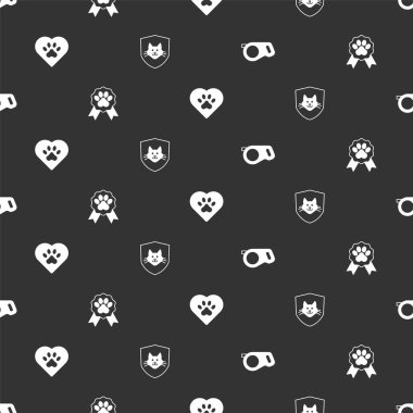 Geri çekilebilir ip tasması, evcil hayvan ödülü sembolü, hayvan ayak izli kalp ve kusursuz desenli hayvan sağlığı sigortası. Vektör