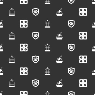 Kedi kumu tepsisini kürekle, köpek hapıyla kuşlar için kafes ve hayvan sağlığı sigortasını kusursuz bir şablona ayarla. Vektör