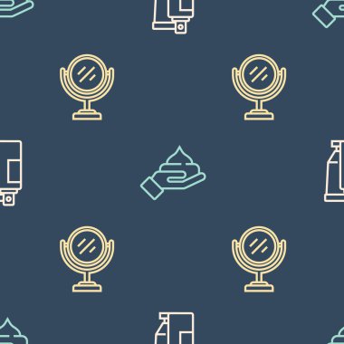 Krem ya da losyon kozmetik tüpü, yuvarlak makyaj aynası ve pürüzsüz desen ayarlayın. Vektör