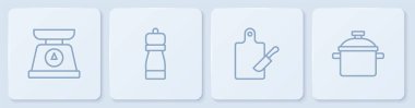 Çizgi ölçekleri, kesme tahtası ve bıçak, Pepper ve pişirme kabı. Beyaz kare düğme. Vektör
