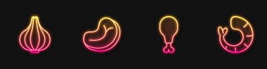Tavuk budu, sarımsak, biftek ve karides. Parlayan neon ikonu. Vektör