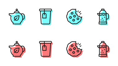 Kurabiye ya da bisküvi, yapraklı çaydanlık, çay poşeti ve Fransız basın ikonu. Vektör