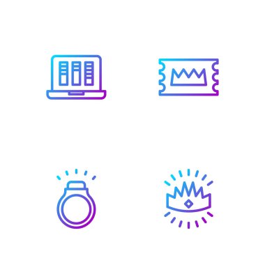 King Crown, Elmas yüzük, Ses veya ses kaydedici ve konser bileti ayarlayın. Renk simgeleri. Vektör