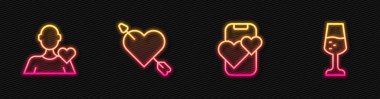 Online flört uygulaması, romantik adam, kalbi ve oku olan aşk ve bir kadeh şampanya. Parlayan neon ikonu. Vektör