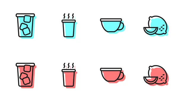 Set Linie Tasse Tee Eis Und Zitrone Symbol Vektor — Stockvektor