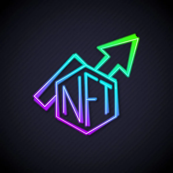 Glowing Neon Line Nft Growth Bar Chart Icon Isolated Black - Stok Vektor