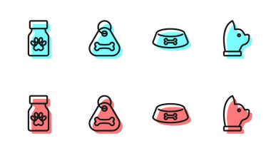 Kedi ya da köpek için evcil hayvan yemek kasesi ilaç şişesi ve haplar kemik ve kedi ikonu olan köpek tasması. Vektör