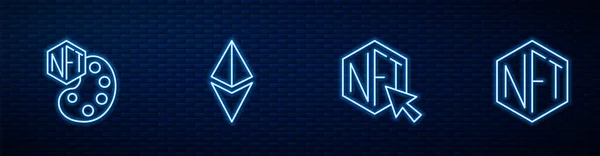 Ustaw Linię Nft Digital Crypto Art Ethereum Eth Świecąca Neonowa — Wektor stockowy