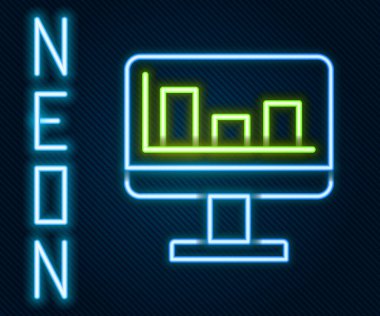 Siyah arkaplanda izole edilmiş grafik çizelgesi simgesi olan parlak neon hattı bilgisayar monitörü. Metin dosyasını rapor et. Muhasebe tabelası. Denetim, analiz, planlama. Renkli taslak konsepti. Vektör.