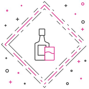 Çizgi viski şişesi ve cam ikon beyaz arka planda izole edilmiş. Renkli taslak konsepti. Vektör