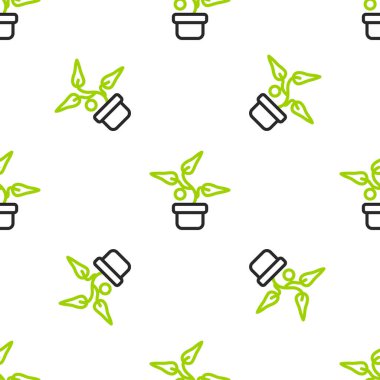 Çömlek simgesindeki Çizgi Bitkisi beyaz arkaplandaki kusursuz deseni izole etti. Tencerede yetişen bir bitki. Saksı bitkisi işareti. Vektör