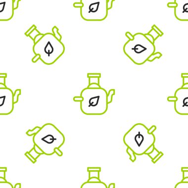 Line Teapot with leaf icon isolated seamless pattern on white background.  Vector