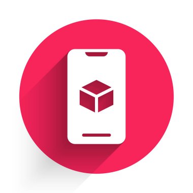 Beyaz 3D yazıcı ikonu uzun gölgeli izole edilmiş. 3D baskı. Kırmızı daire düğmesi. Vektör.