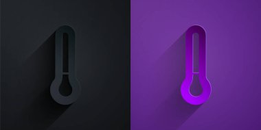 Kağıt kesiği Meteoroloji termometresi mor zemin üzerinde siyah üzerine izole edilmiş ikonu ölçüyor. Termometre termometresi sıcak ya da soğuk hava gösteriyor. Kağıt sanatı tarzı. Vektör