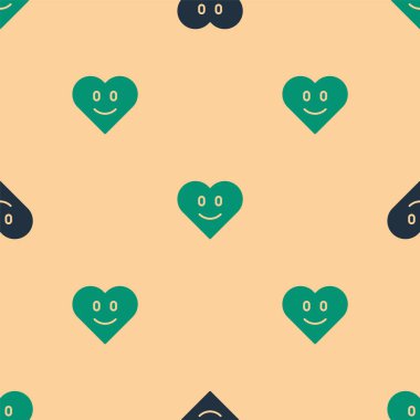 Green and black Heart icon isolated seamless pattern on beige background. Romantic symbol linked, join, passion and wedding. Happy Valentines day.  Vector