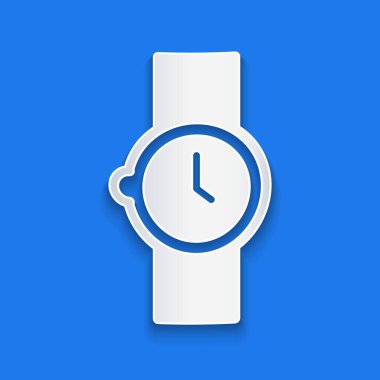 Kağıt kesiği Kol saati simgesi mavi arkaplanda izole edildi. Kol saati simgesi. Kağıt sanatı tarzı. Vektör