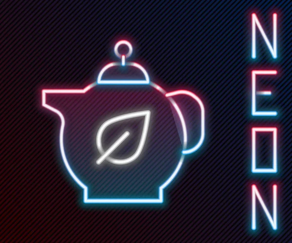 Glowing Neon Line Teapot Leaf Icon Isolated Black Background Colorful — 图库矢量图片