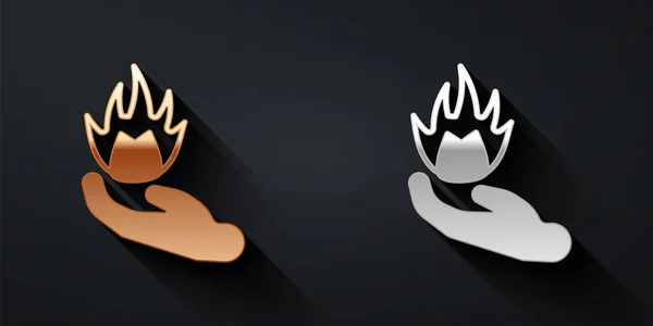 Gold Silver Hand Holding Fire Icon Isolated Black Background Long — Archivo Imágenes Vectoriales