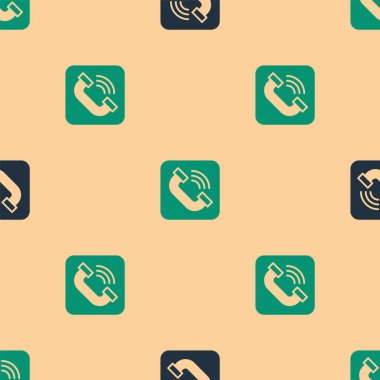 Yeşil ve siyah telefon ahizesi simgesi bej arka planda izole edilmiş pürüzsüz desen. Telefon işareti. Vektör