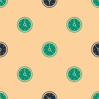 Yeşil ve siyah saat simgesi, bej arkaplandaki kusursuz deseni izole etti. Zaman sembolü. Vektör