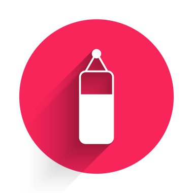 Beyaz Kum Torbası simgesi uzun gölge arkaplanı ile izole edilmiş. Kırmızı daire düğmesi. Vektör