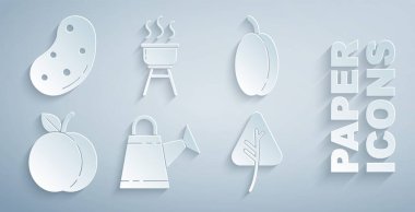 Sulama kutusu, erik meyvesi, şeftali, yaprak ya da yaprak, ızgara ve patates ikonu. Vektör