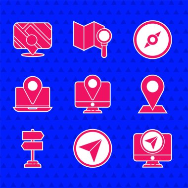 Konum işaretleyicisi, şehir haritası navigasyonu, konum, yol trafik işareti, dizüstü bilgisayar, pusula ve simge bilgileri ile monitörü ayarla. Vektör