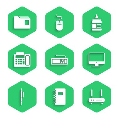 Klavye, Spiral defter, Router ve wi-fi sinyali, Bilgisayar monitörü ekranı, Pen, Telefon, Yapıştırıcı ve Belge klasörü simgesini ayarla. Vektör